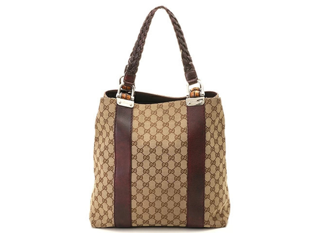 Gucci Bamboo GG J Tote Dark Brown Beige Cream Canvas